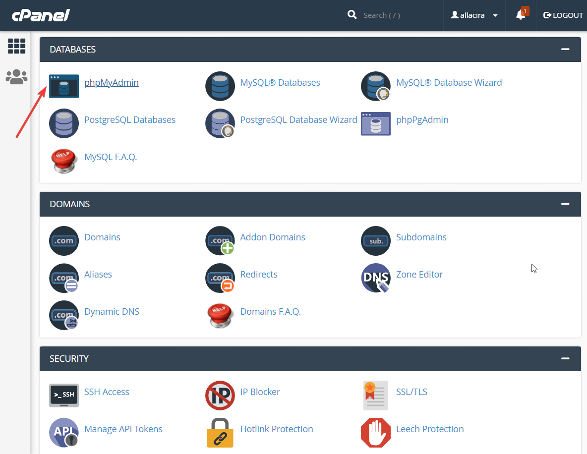 locating phpmyadmin in cpanel