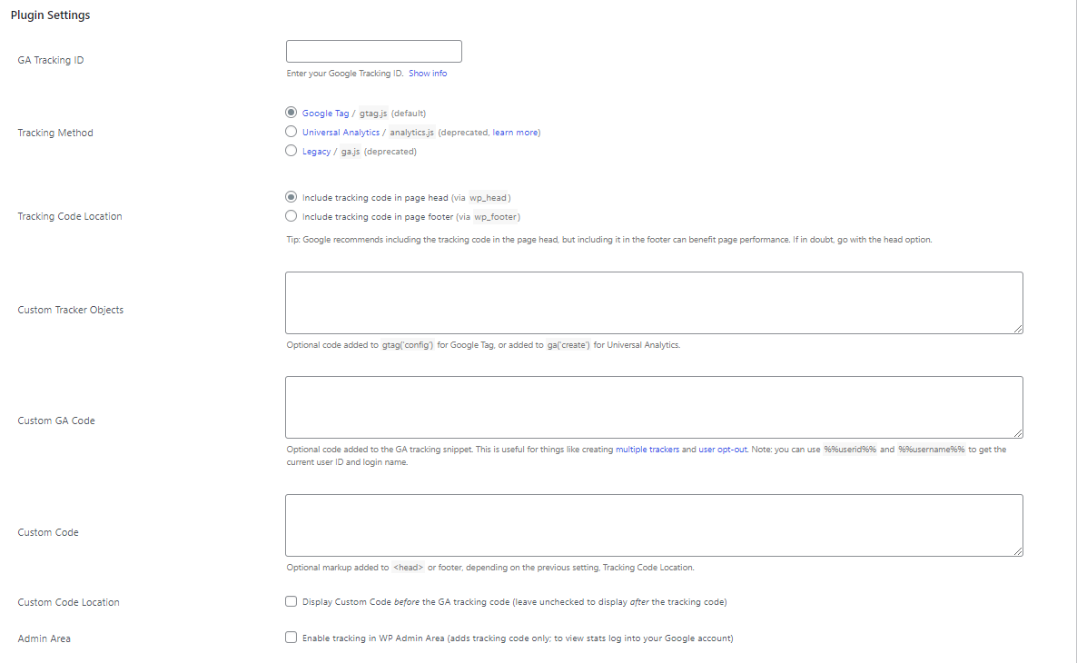 GA plugin settings - set up Google Analytics