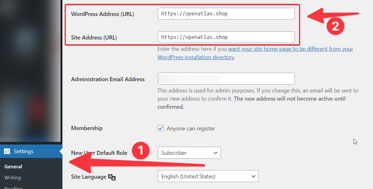 wordpress address and site address