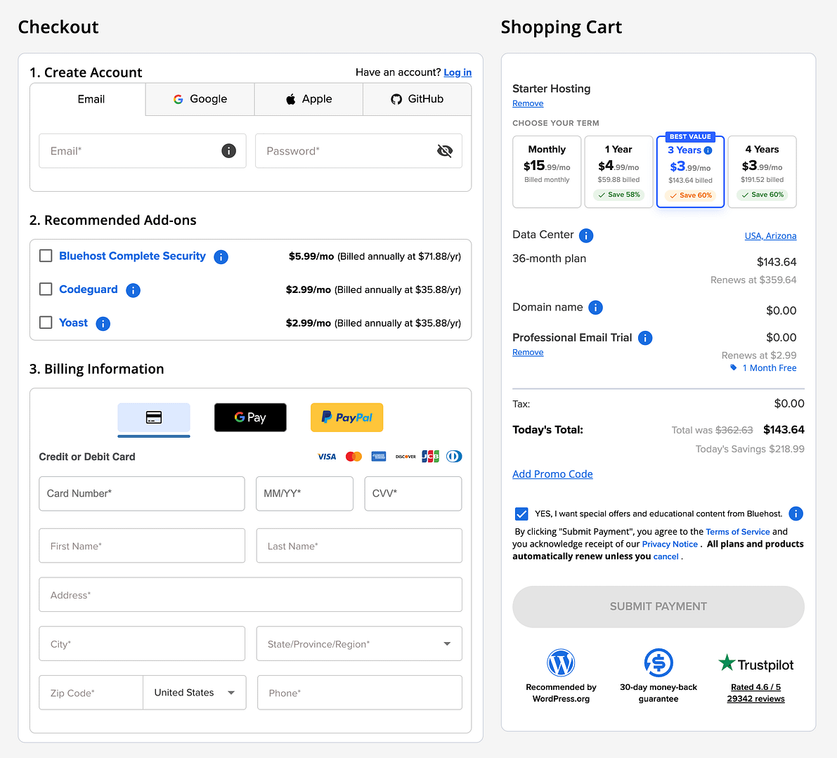 Bluehost checkout