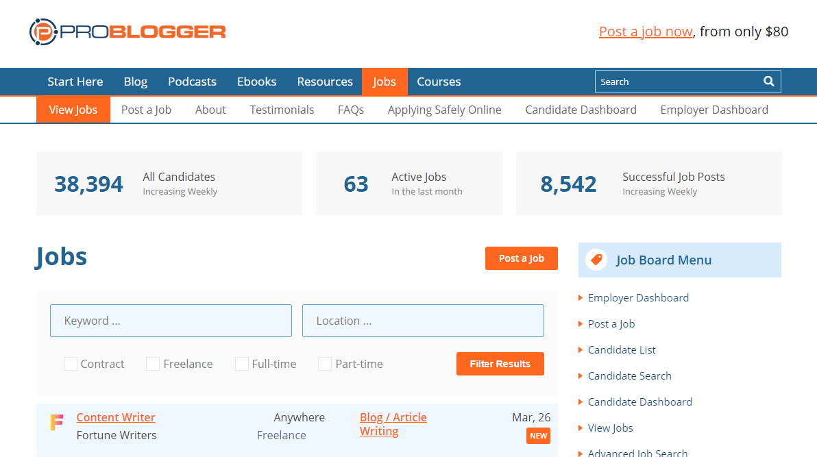 Best freelance writing websites: ProBlogger job board.