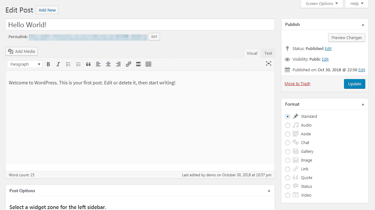 The WordPress post formats options.