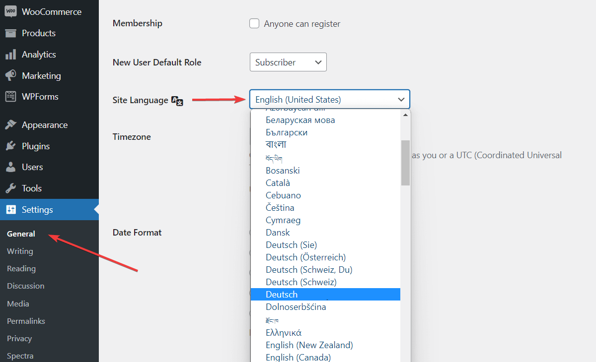 changing wordpress site language
