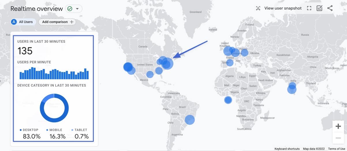 view realtime overview in the Google Analytics interface