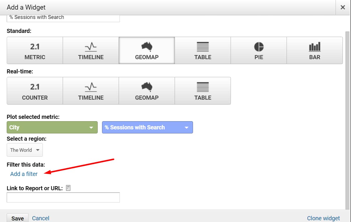 How to add a filter on the Google Analytics Dashboard.