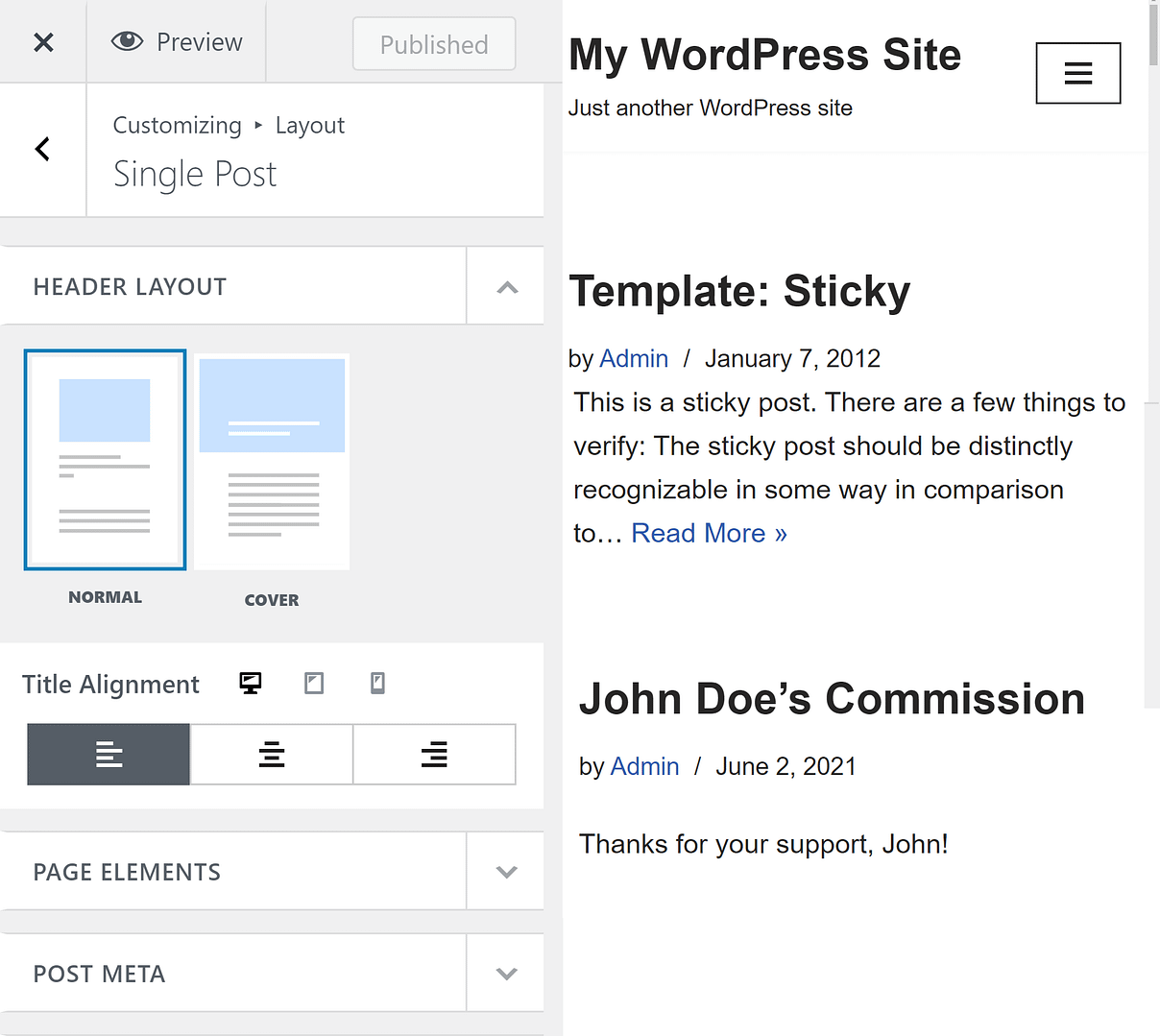 An example of Neve enabling users to change the default WordPress post template.