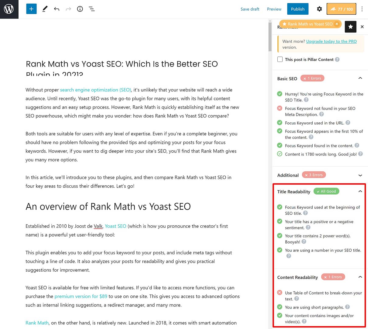 Rank Math content analysis