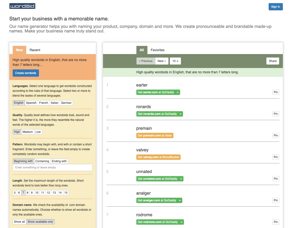 Image of the Wordoid Business Name Generator