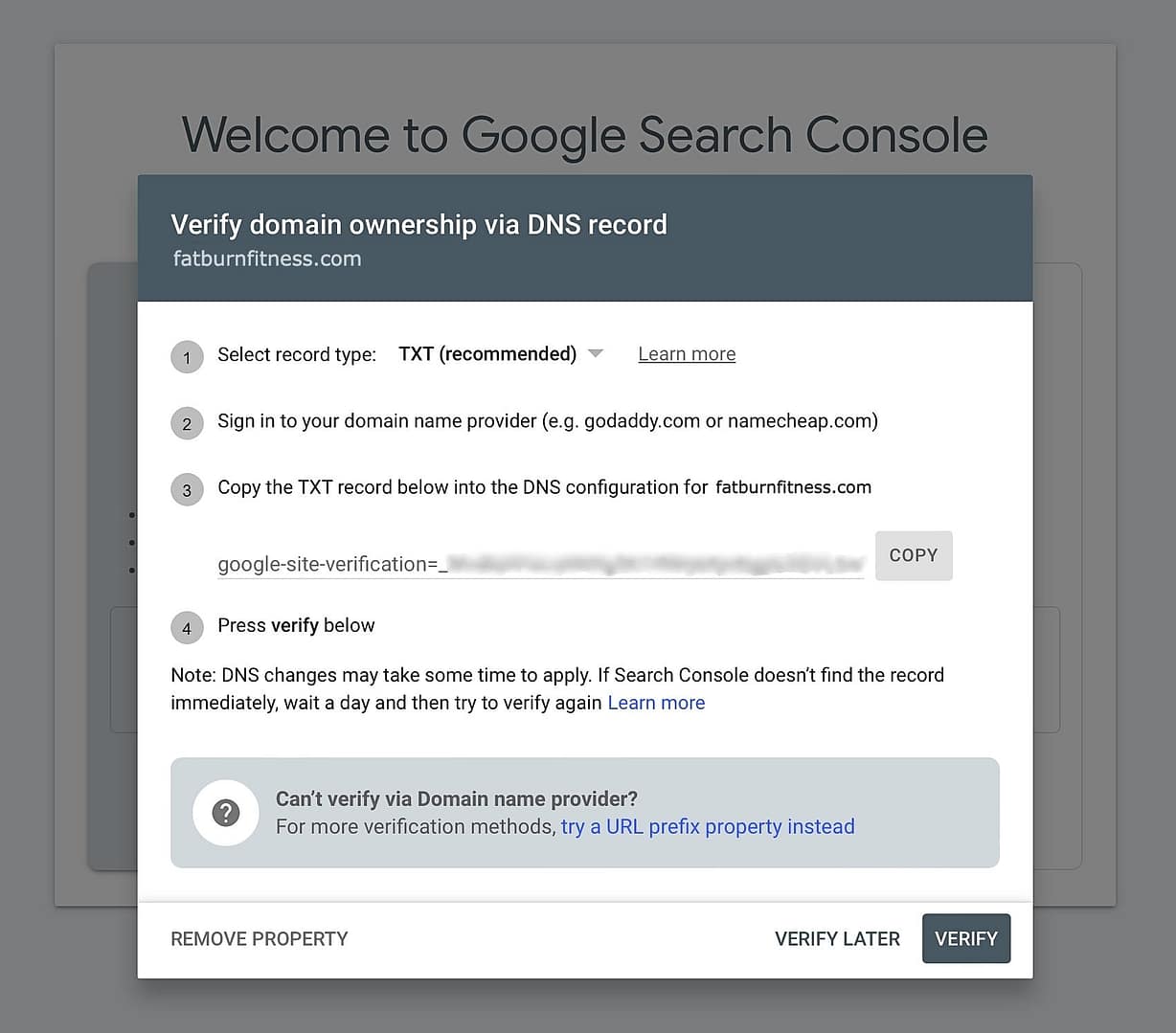 Verify ownership of domain in Google Search Console
