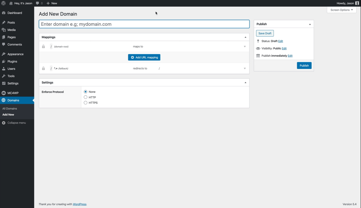 The screen to add a new domain with WP Landing Kit.
