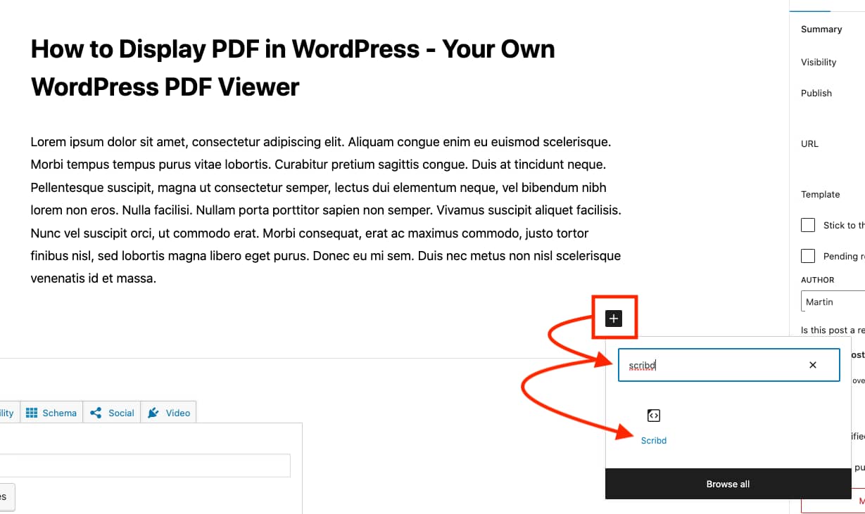 choose the Scribd embed block in the WordPress Block Editor