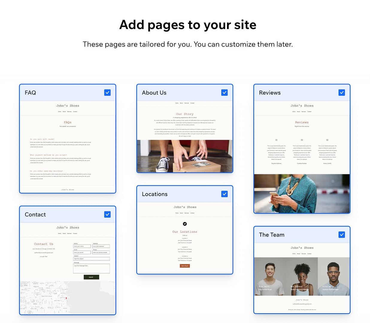 Wix ADI presenting pages to add.