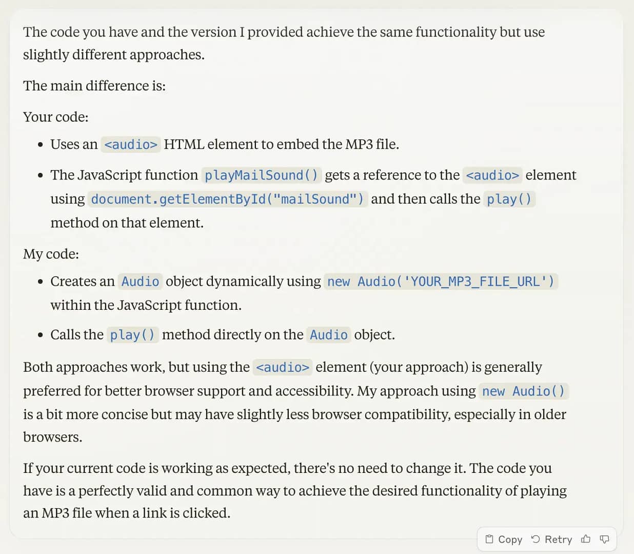Claude-3 explaining the difference between the JavaScript it generated versus the JavaScript I'm currently using.