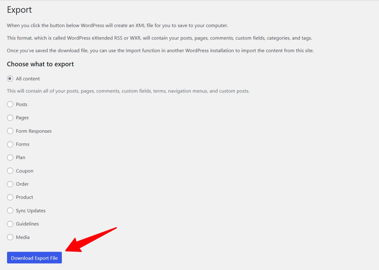 WordPress.com Export screen with the Start Export option