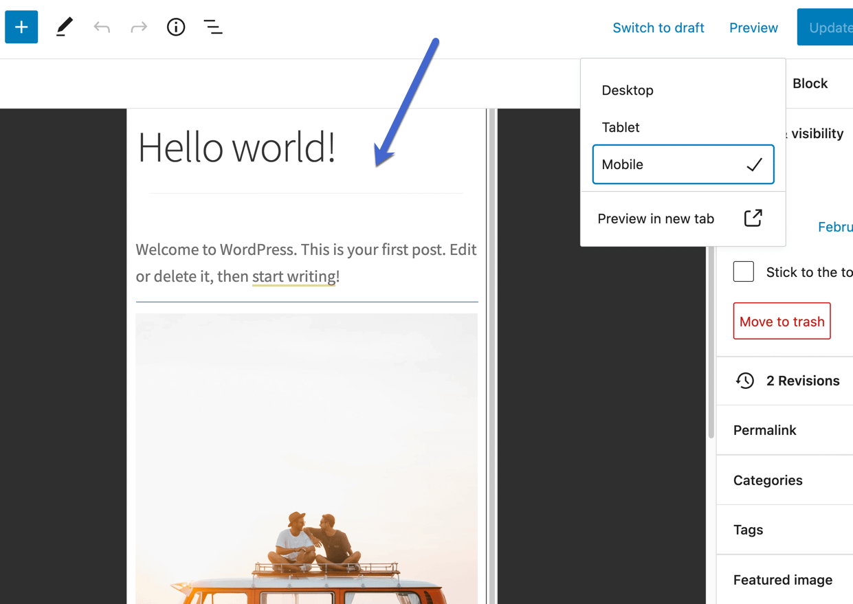 use the post area to view mobile version of website