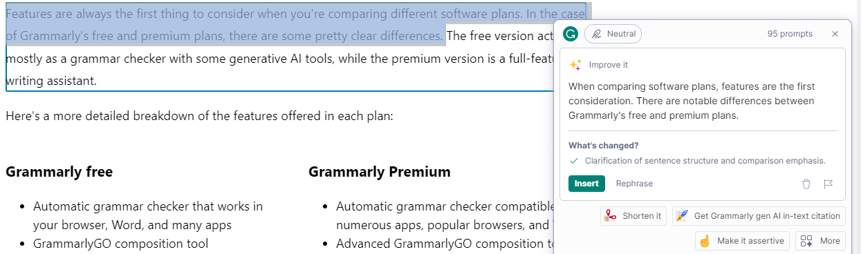 Grammarly rewrite suggestions.