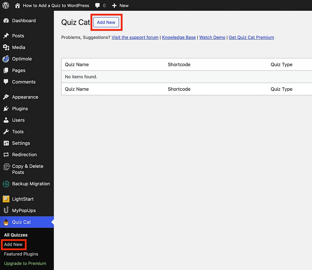 Adding a new quiz from the WordPress dashboard.