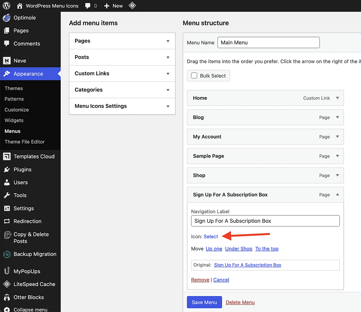 Choosing another menu item to select an icon for.