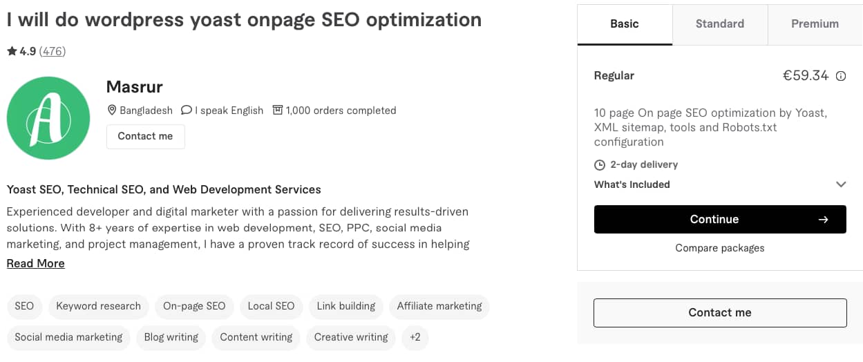 An example of a WordPress SEO optimization gig.