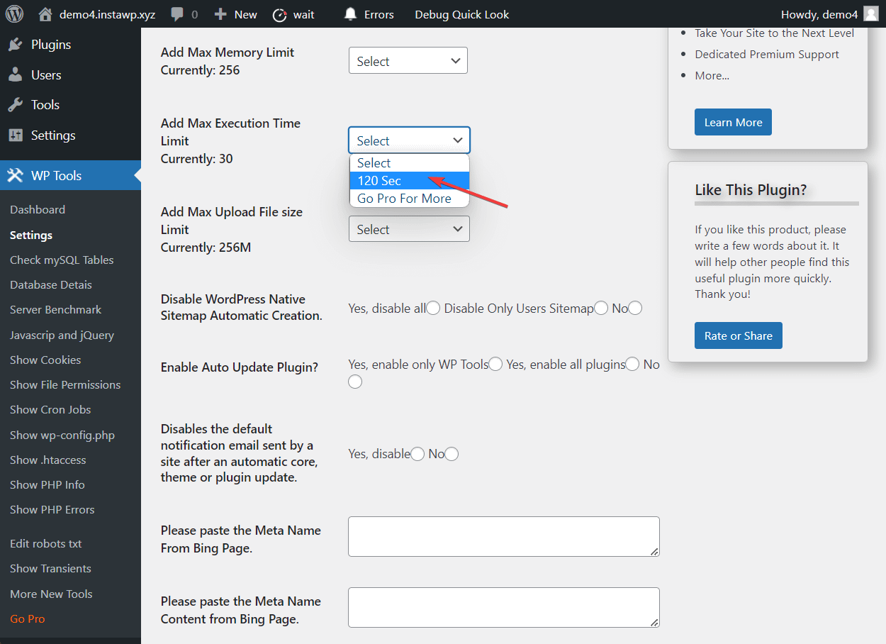 wptools increasing max execution time