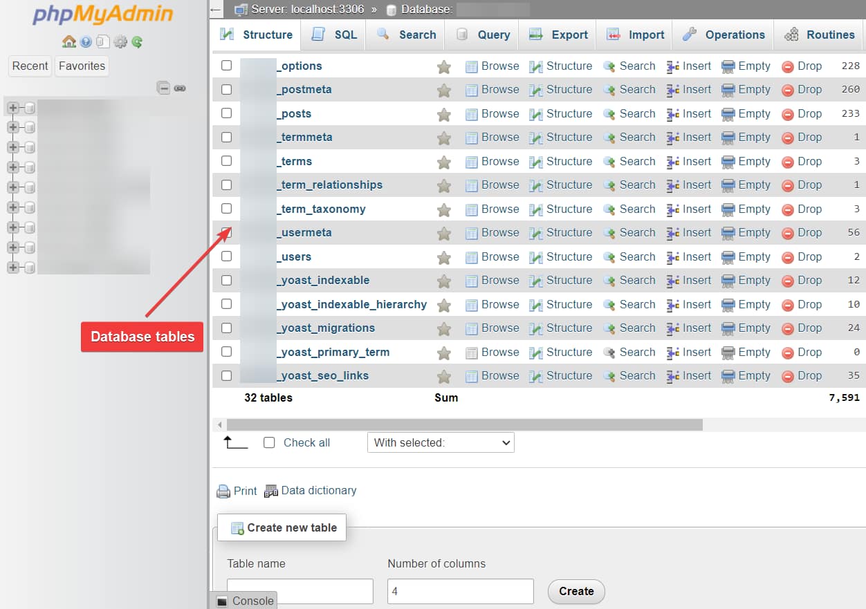 WordPress database in phpMyAdmin.