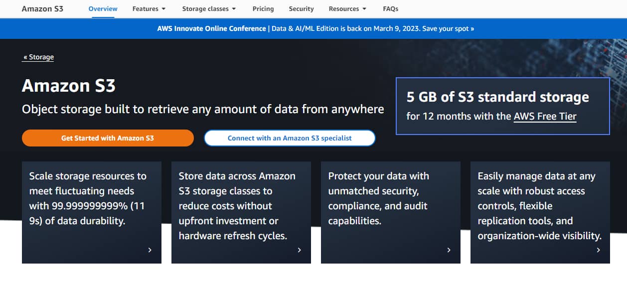 The Amazon S3 page.