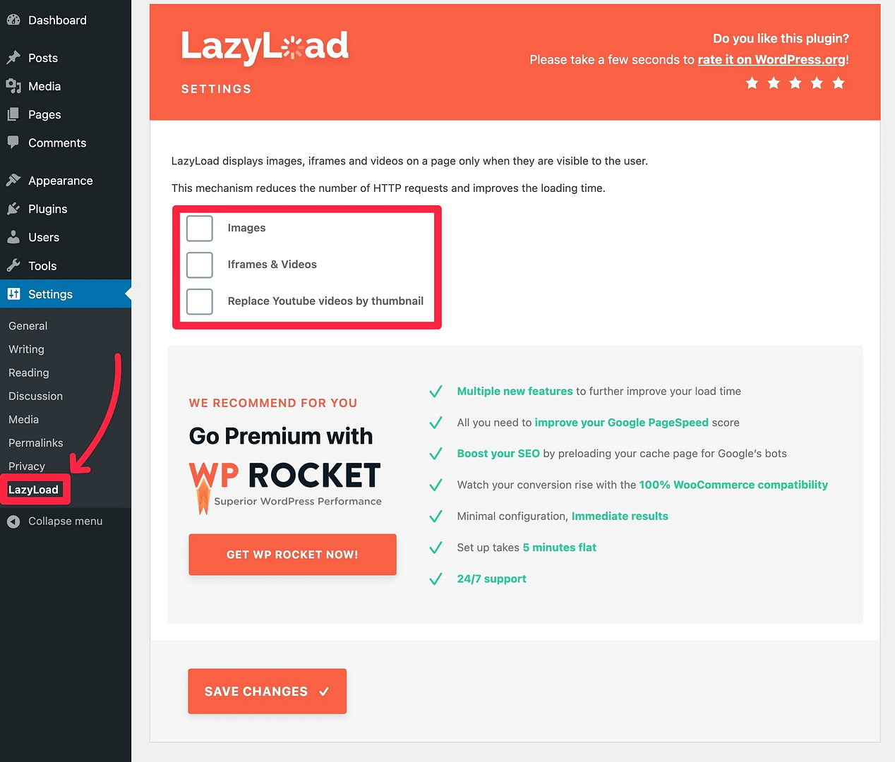 lazy load WordPress images with WP Rocket plugin.