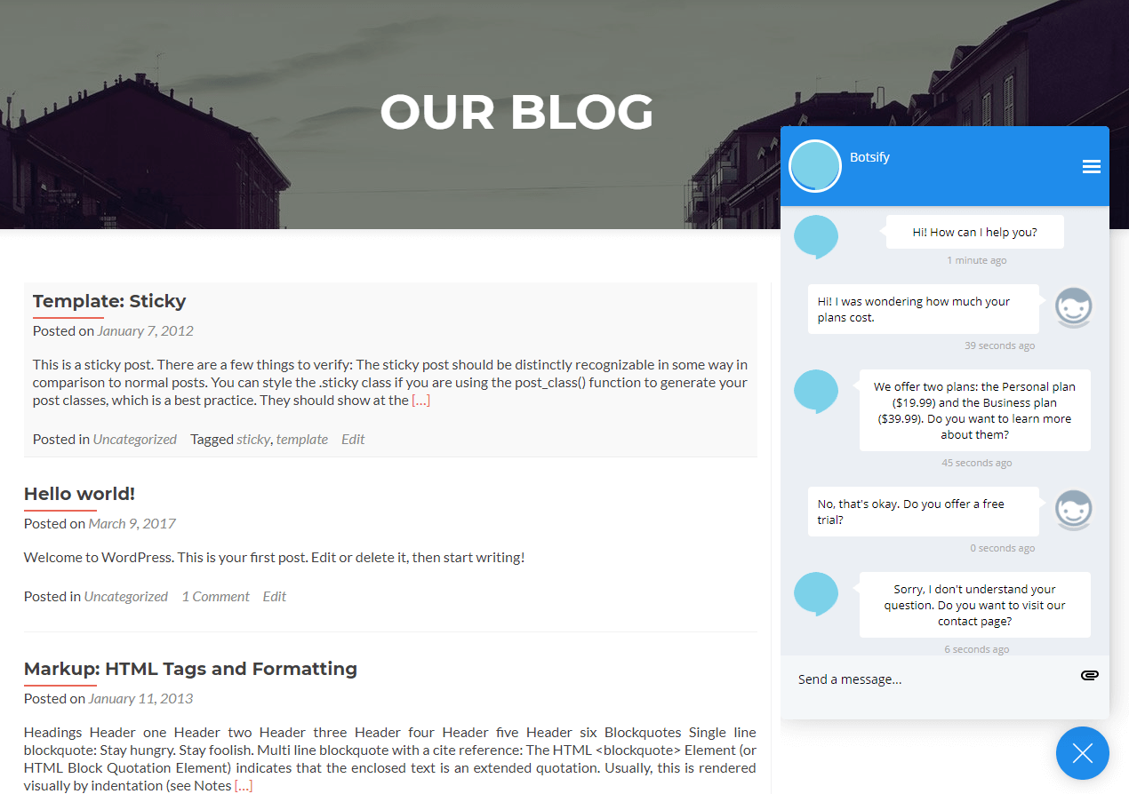 An example of a Botsify chatbot on a website.