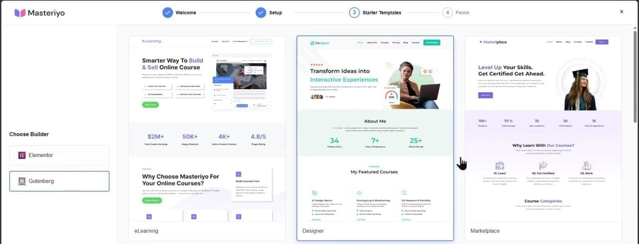 Masteriyo setup wizard showing starter templates for Elementor and Gutenberg