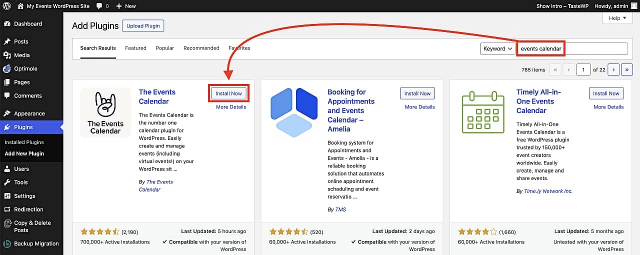 Installing Events Calendar plugin in WordPress.