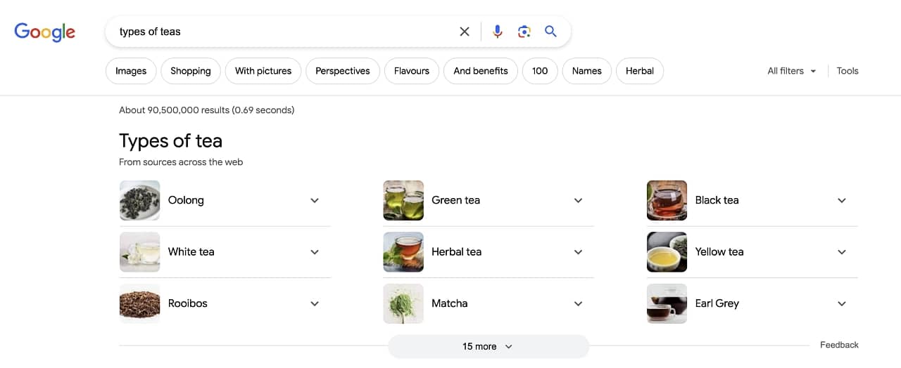 Google search result for types of tea