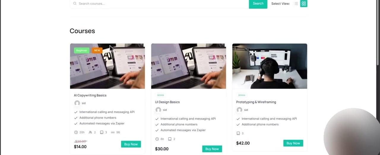 Courses archive page showing three courses with prices and Buy Now buttons