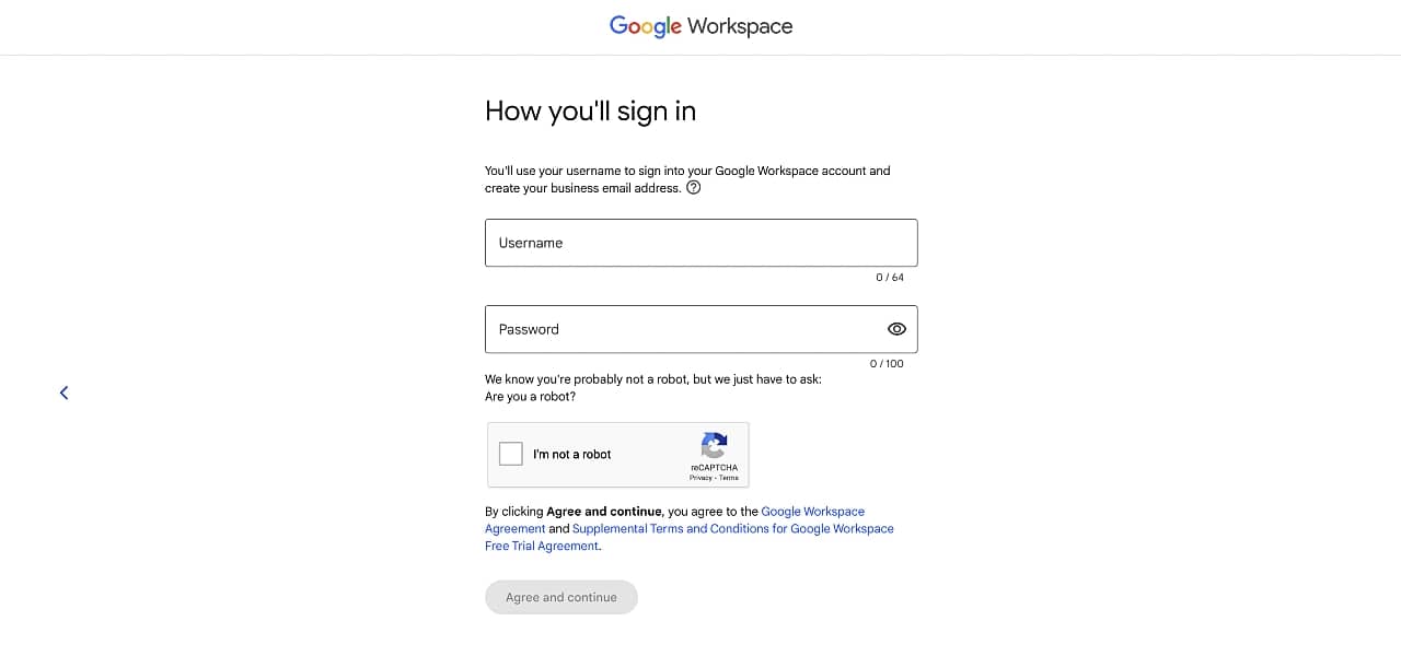 Creating login details in the Google Workspace setup wizard.