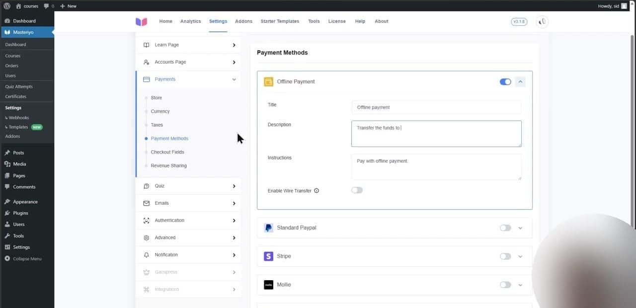 Masteriyo payment methods settings with toggles for Offline Payment, PayPal, Stripe, and Mollie