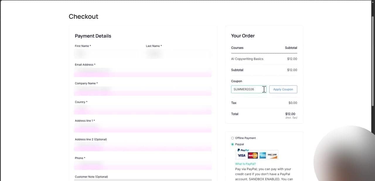 Masteriyo checkout page with payment details form, order summary, coupon field, and PayPal option