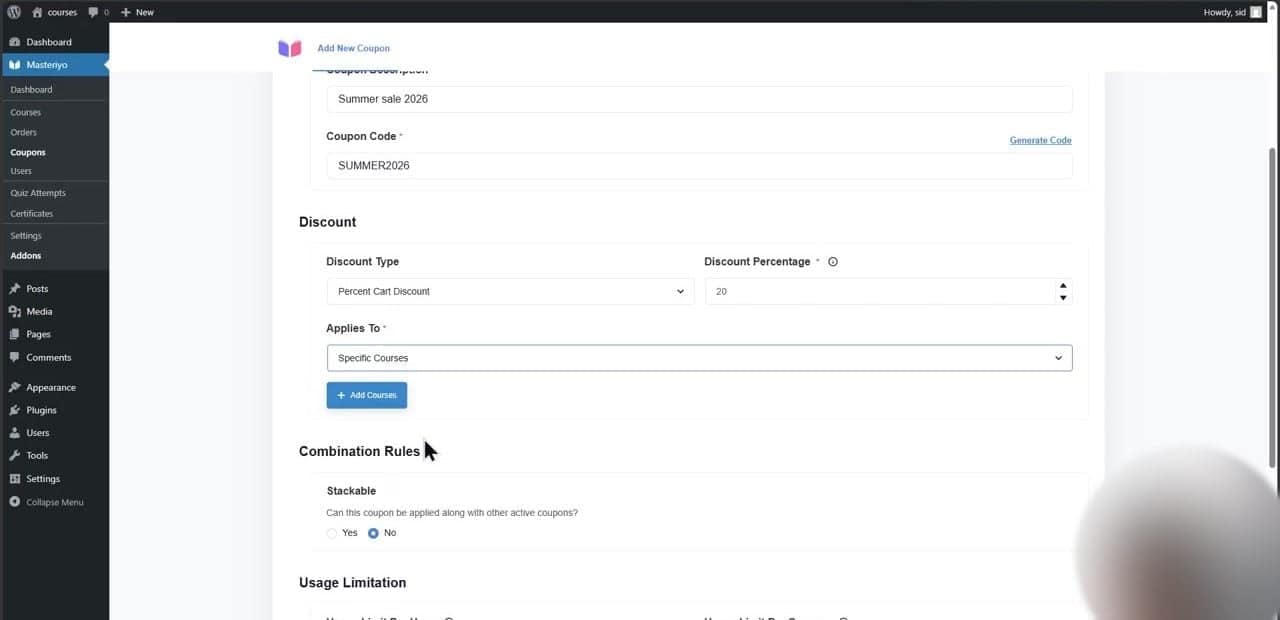 Creating a 20% off coupon in Masteriyo with per-course targeting, stacking rules, and usage limits