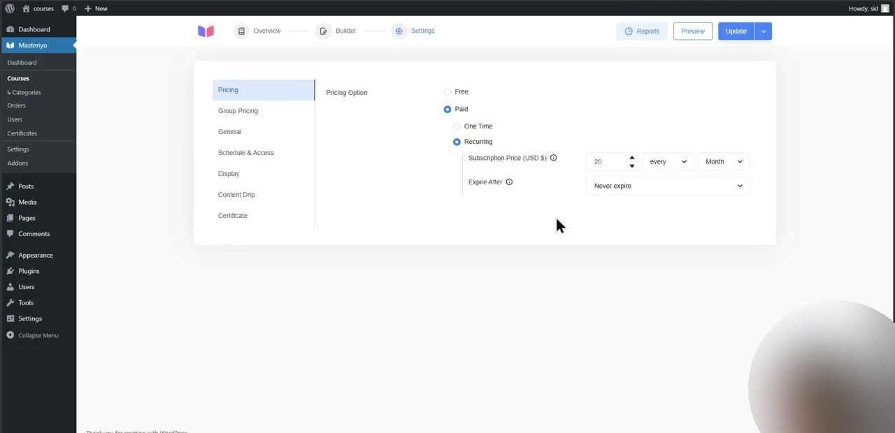 Masteriyo course pricing settings with Recurring selected, a $20 subscription price billed every month, set to never expire