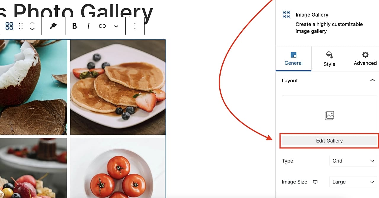 The edit gallery button inside the image gallery block.