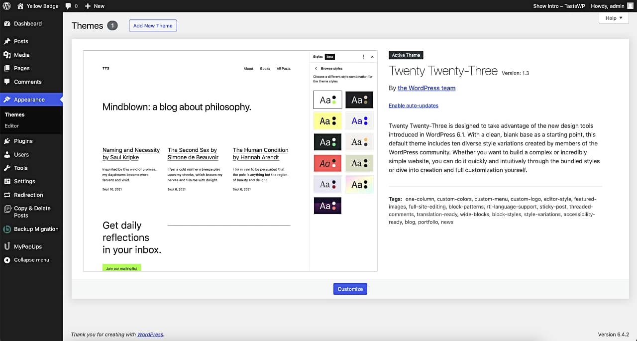 The default WordPress theme, which you can use to start a personal blog.