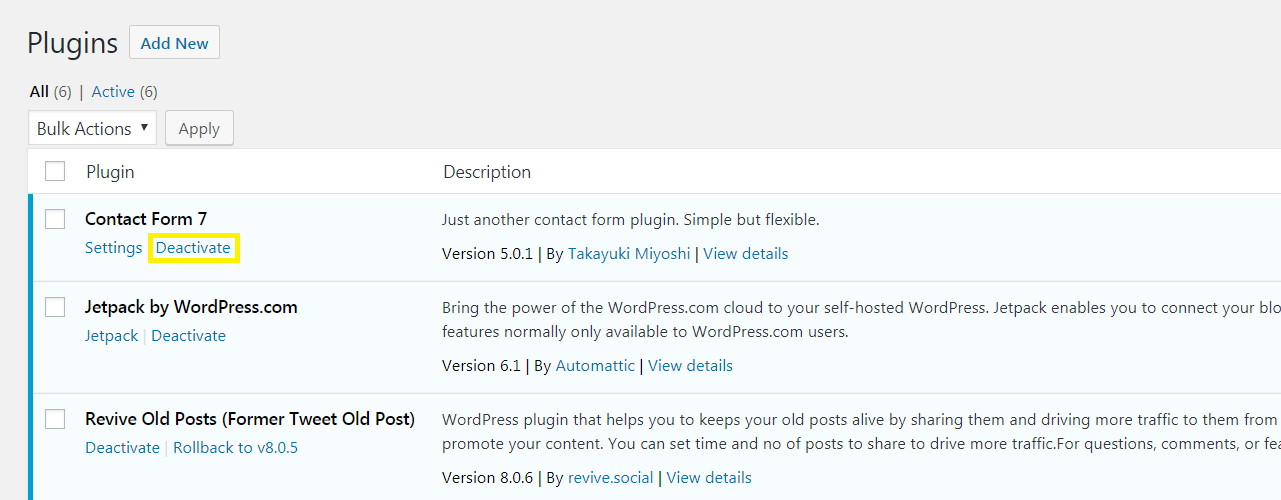 A list of plugins in the WordPress dashboard.