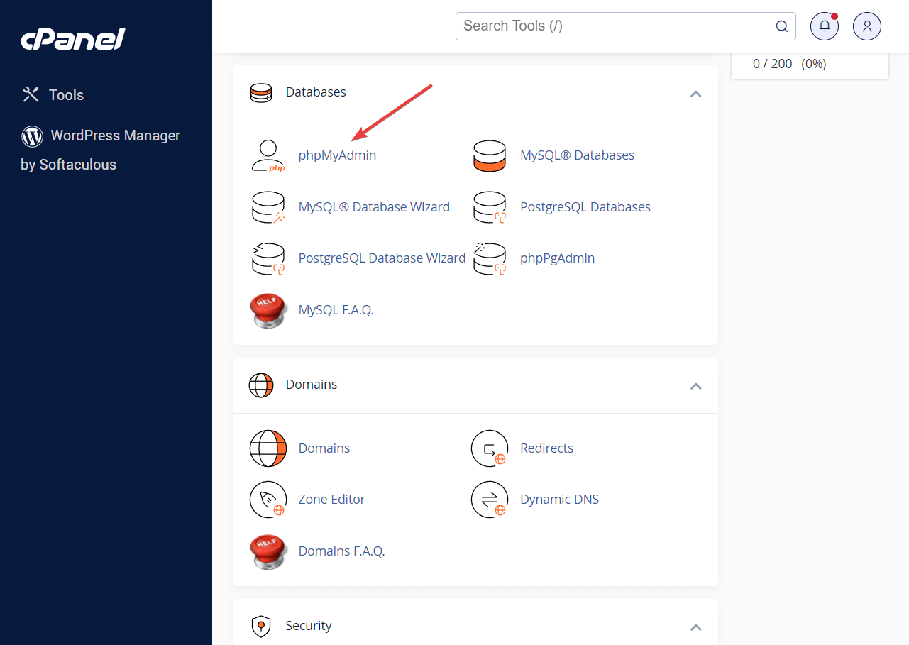 phpMyAdmin in cPanel.