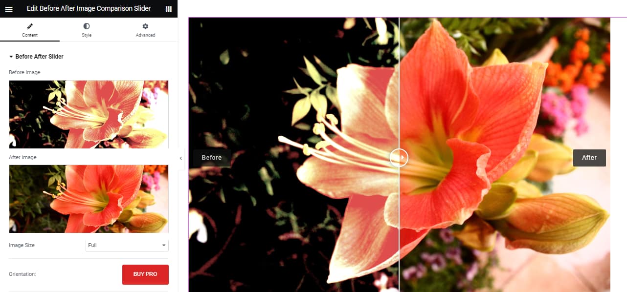 The before and after slider in WordPress via an Elementor widget.