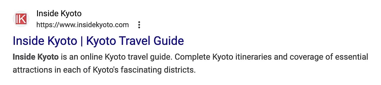 Meta description example from Inside Kyoto