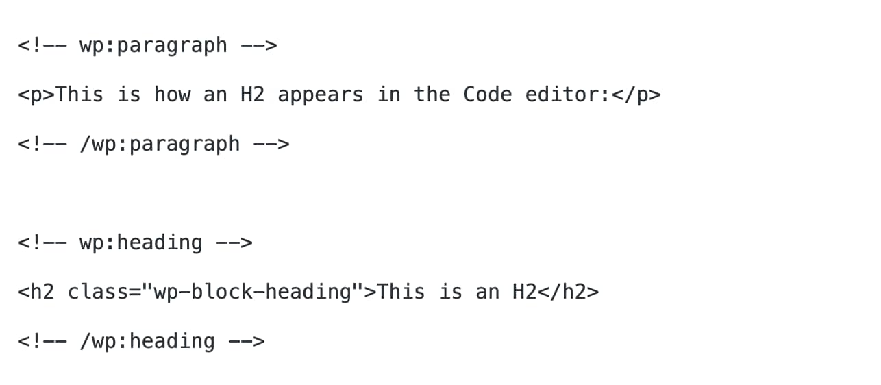 How the WordPress Heading Tags appear in the Code Editor