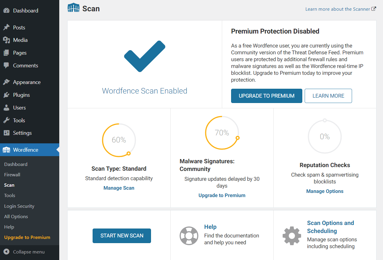 WordFence security plugin scanning a WordPress website.