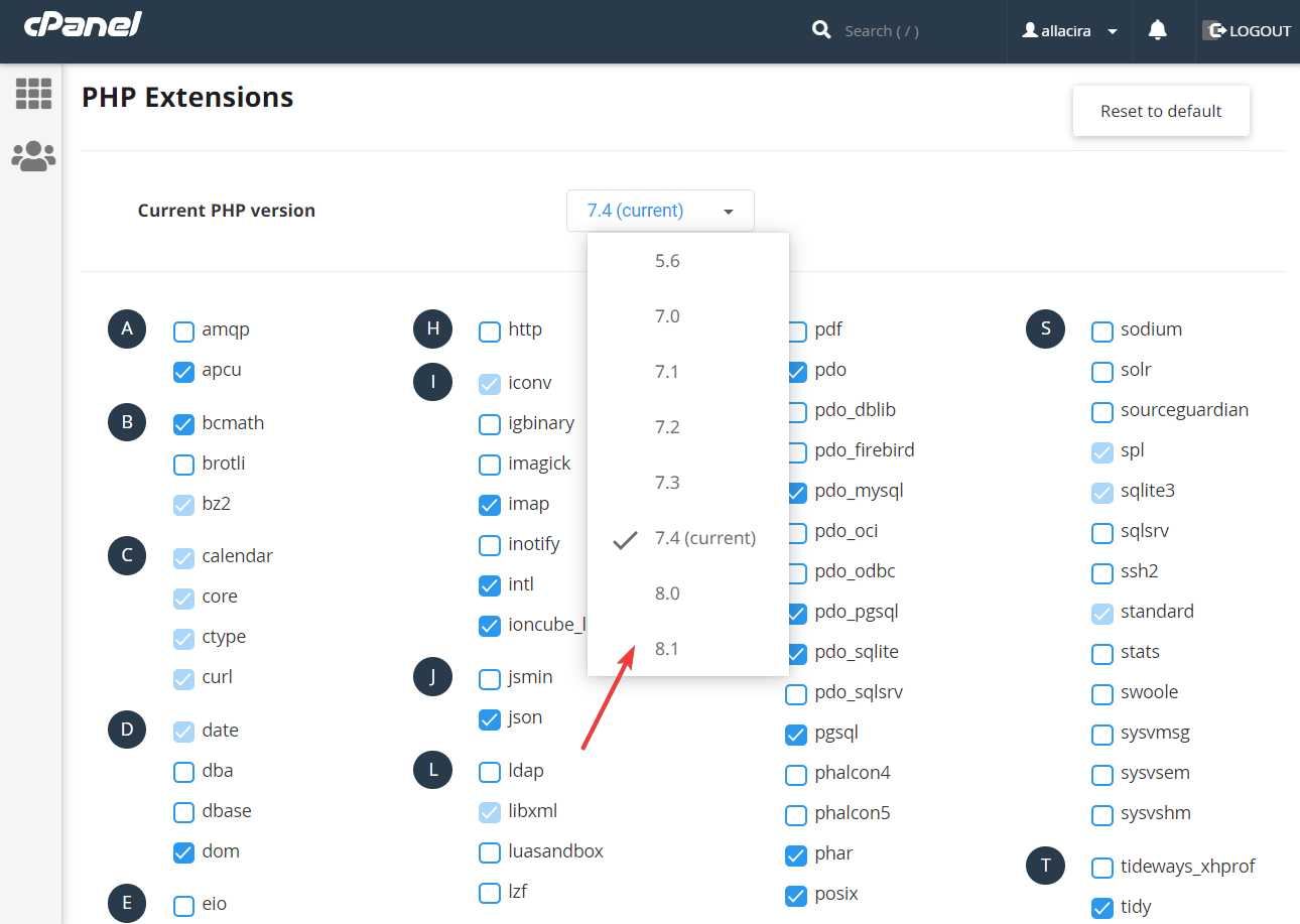 updating php version from cpanel