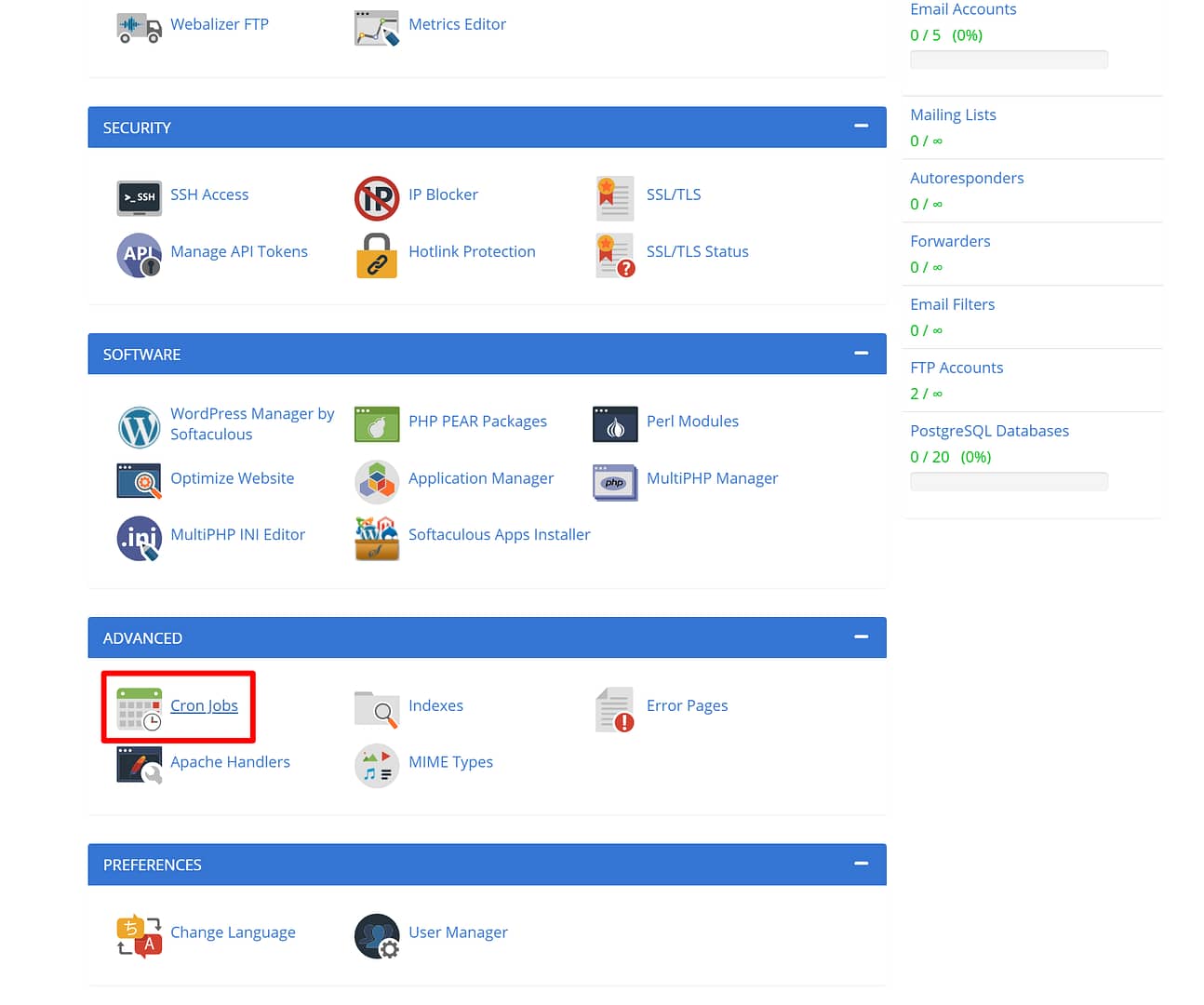 The cPanel cron tool