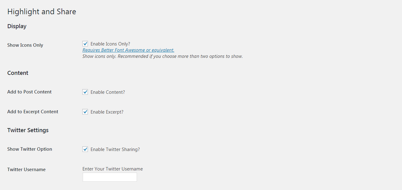 The Highlight and Share plugin settings.