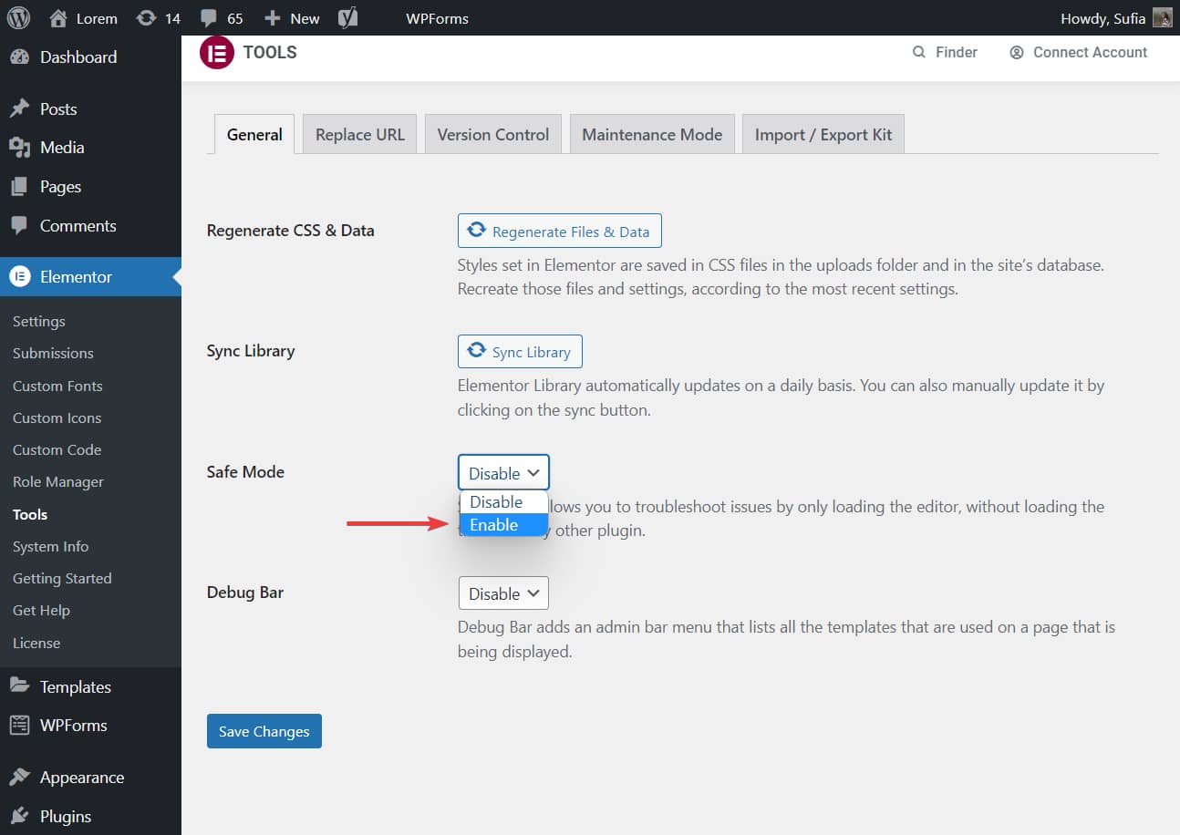 enabling elementor safe mode