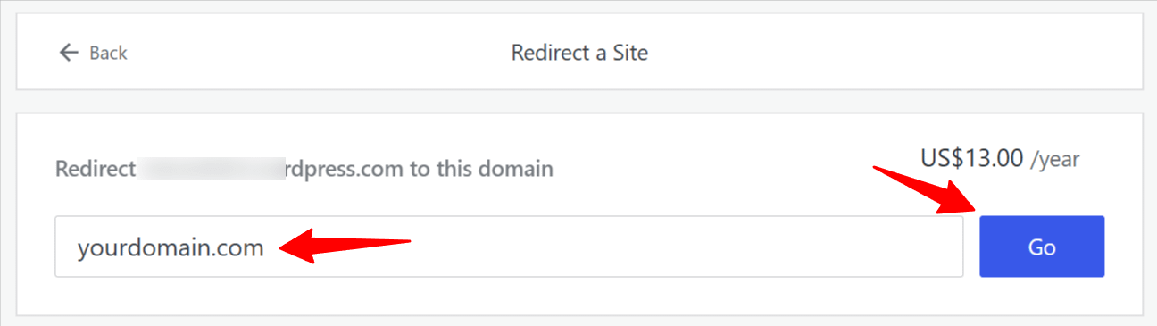 WordPress.com Site Redirect page with field to enter the new domain